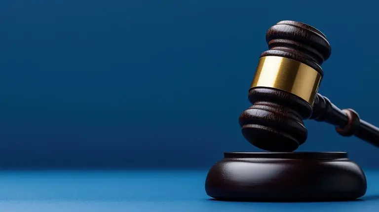Dark wooden gavel rests on dark wooden stand against deep blue background. Legal authority auction concept. Decision moment in courtroom. Judge using gavel to make verdict